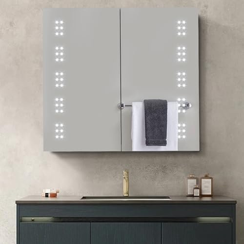 Warmiehomy Bathroom Mirror Cabinets with LED Lights,650x600mm Illuminated Bathroom Mirror Cabinet with Shaver Socket Sensor Switch Demister Pad Dual Door 60 Small Lights