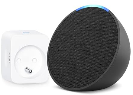 Echo Pop | Anthracite + WiZ Prise Connectée, Fonctionne avec Alexa - Kit de démarrage Maison connectée
