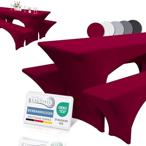 Beautissu Edles Stretchhussen Set 3tlg. Victoria - Elastische Hussen für Bierzeltgarnitur 220x70 cm – Festliche Husse Biertisch + 2 Bierbank - Bierzeltgarnitur Hussen in Rot Bordeaux