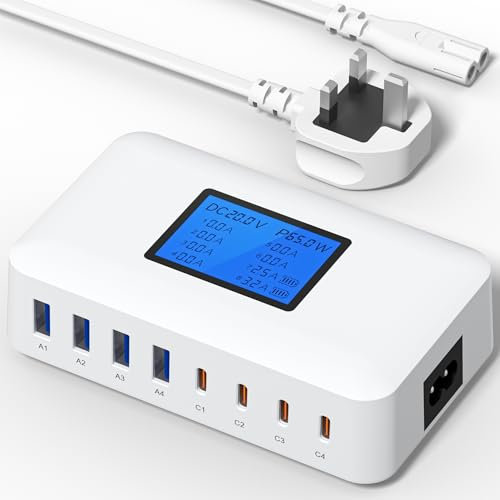 Binamao USB C Charger, 200W Multi USB Charger – 8-Port Charging Station, USB Charging Hub with LCD Screen, 65W PD Fast Charger for MacBook, iPad, iPhone 16/15/14/13 Pro/Max, Samsung S24/S23-White