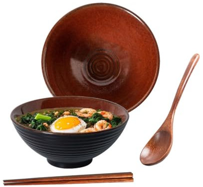 Ceraozmus Bols à ramen en céramique – 20 cm – avec cuillère et baguettes pour soupe ramen Pho Udon – Grands bols à nouilles asiatiques (vernis marron)