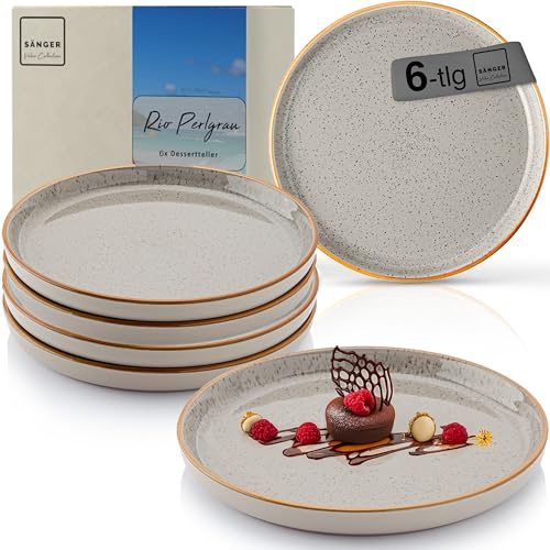 Sänger Rio Perlgrau | Dessertteller 6 teilig, Steingut Frühstücksteller 6 Personen, Kuchenteller spülmaschinenfest mikrowellenfest multifunktional, Steingut Geschirr grau | VALUE COLLECTON