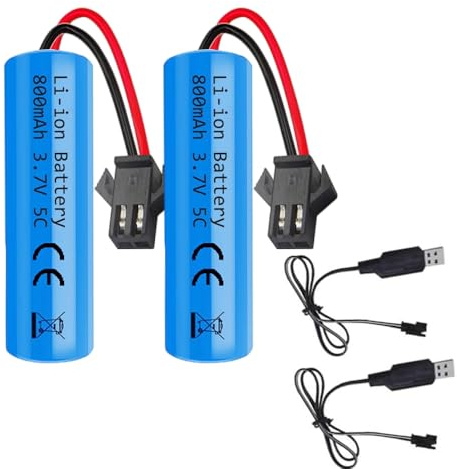 XUXLEKK 2 Stück 800mAh 3.7V RC Akku, Wiederaufladbare 800mAh Lithium Lonen Batterien, with 2 USB Chargers SM-2P Plug, Rechargeable Battery Compatible Für RC Fahrzeuge, Boote, Panzer, Auto