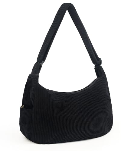 YMIFEEY Cord Tasche Damen Schwarz, Tote Bag Groß Shopper mit Reißverschluss, Damen Umhängetasche Uni Tasche Handtasche Schultertasche Cordtaschen für Alltag Schule Arbeit Einkaufen Reisen (Schwarz)