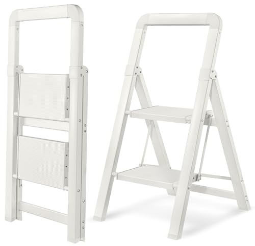 BIBKOKE Step Ladder 2-Step White Finish Aluminum Folding Ladders | Anti-slip Sturdy Foldable Ladder Step Stool for Kitchen Home Office Libaray