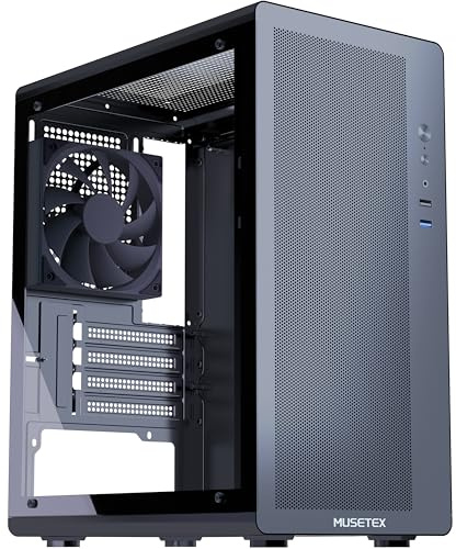 MUSETEX Boitier PC Micro ATX, 1 Ventilateurs Non LED 120mm, Facade à Mailles, Boitier PC mATX avec Verre Trempé, Filtre à Poussière Magnétique, Noir (M1)
