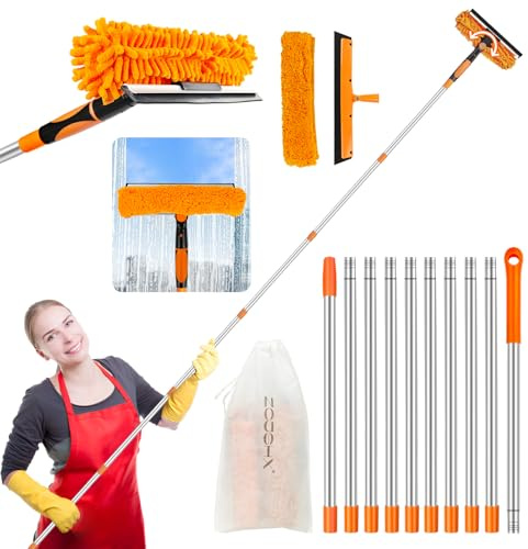 Window Cleaning Tools Window Squeegee: 2 in 1 Double-Sided Professional Cleaner Window Washing Kit with Extension Pole 4.5M Duster for High Ceilings Microfiber Scrubber for Indoor Outdoor High Glass