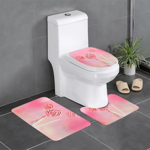 YUGTAEE Dreiteiliges Fußmatten-Set, farbenfroher Lutscher-Druck, wasserabsorbierend und rutschfest, für Badezimmer, Toiletten und Küchen