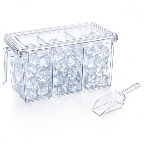 Raoletin 3 Divided Ice Cube Tray Storage Box with Handle, Clear Portable Ice Trays Bin for Freezer, Stackable Plastic ICES Bucket with Lid and Scoop for Fridge Storage Crushed Cubes