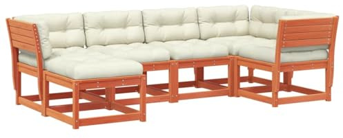 Mhdvray 6-TLG. Garten-Sofagarnitur Kiefernholz wachsbraun mit cremeweißen Kissen modulare Eckbank Latten-Design 110 kg Belastbarkeit wetterfeste Balkonmöbel für Terrasse kleinen Balkon Outdoor Lounge
