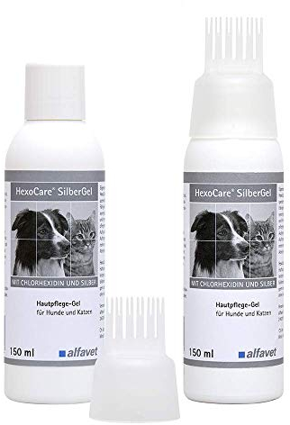 Alfavet HexoCare SilberGel, Hautpflege-Gel für Hunde und Katzen mit Chlorhexidin und Microsilber, 150 ml Flasche mit Kammaufsatz