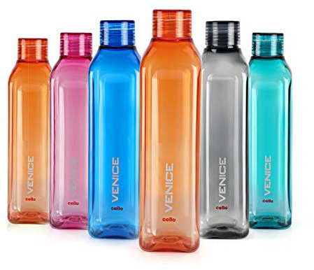 Cello Venice Plastic Water Bottle Set, 1 Litre, Set of 6, Assorted