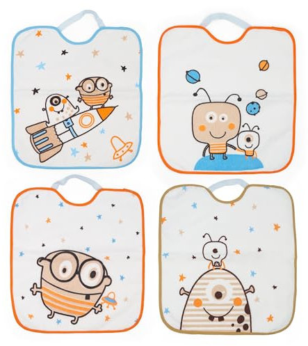 Ti TIN |4er Pack- wasserdichte frottee Babylätzchen, 33x36 cm | Lätzchen mit elatischem Verschluss für Babys ab 1 Jahr, Baumwolle und Vinylfutter, verschiedene Motive