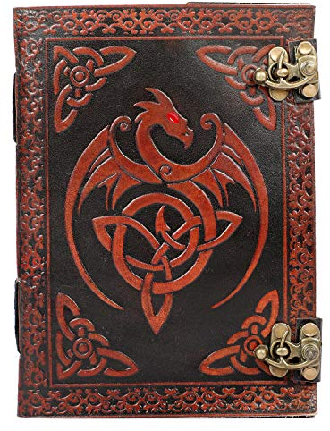 OVERDOSE Handgefertigtes Leder-Tagebuch Dragon mit Schloss, Tagebuch, Reisetagebuch, Schreibtagebuch, Organizer, Planer, Tagebuch, Notizbuch, A5, Größe 6 x 8 Zoll, 15 x 20 cm