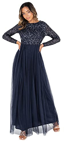 Maya Deluxe Women's Maya Deluxe Women's Maya Embellished Long Sleeve Maxi Bridesmaid Dress, Navy, 14 UK