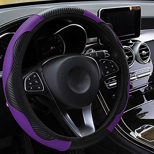 panthem Auto Lenkrad Abdeckung Leder Atmungsaktiv rutschfest Sport Elastisches Band Kohlefaser Ohne Innenring Universal Größe 37-39CM (Violett)
