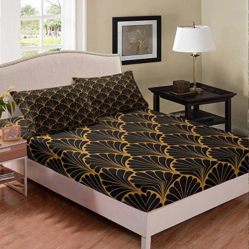 Golden Fan Bed Sheet Girl Double Japan Style Bedding Set Chic Fan Shape Black Brown Bedding Microfiber Bed Sheets Fitted Sheet Deep Pocket Bed covers Bedclothes 2pcs Fitted Sheets