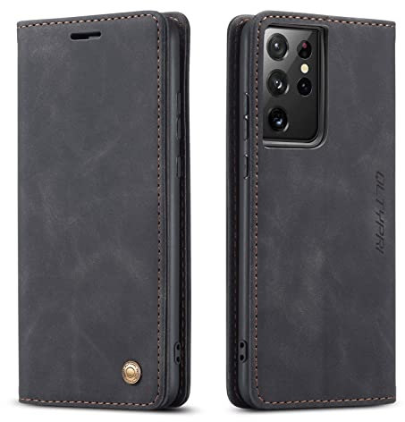 QLTYPRI Hülle für Samsung Galaxy S21 Ultra 5G, Vintage Dünne Handyhülle mit Kartenfach Geld Slot Ständer PU Ledertasche TPU Bumper Flip Schutzhülle Kompatibel mit Samsung Galaxy S21 Ultra 5G - Schwarz