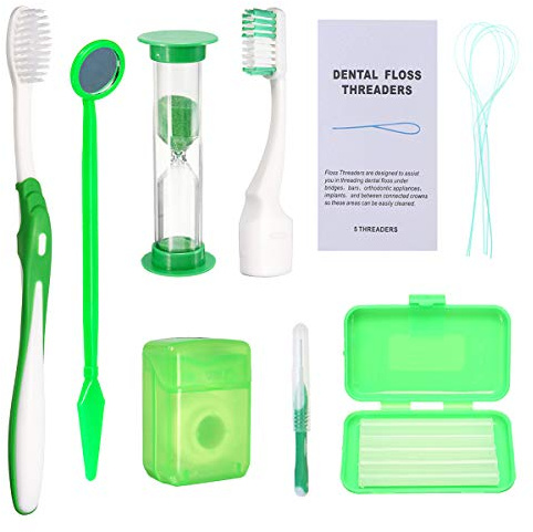Ceonam Kit de nettoyage pour les dents, kit de brosse à dents orthodontique portable, kit de voyage pour soins bucco-dentaires, brosse interdentaire, cire dentaire, fil dentaire, brosse à dents (vert)