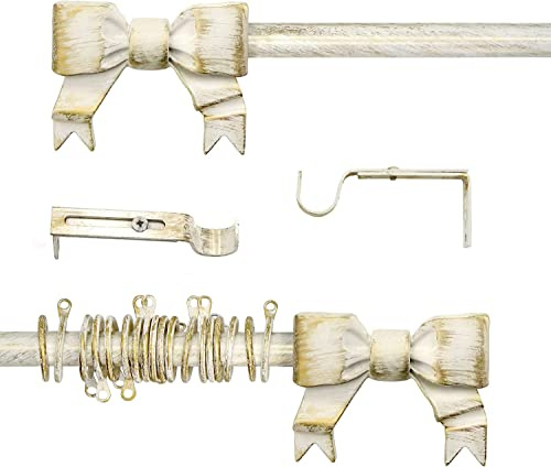 AT17 Gardinenstange Ausziehbar, Vorhangstange Gardinenstange Variable Länge Landhaus Shabby Chic - Schleifen - 120-210 - Durchmesser 2 cm - Hell Creme/Gold - Metall