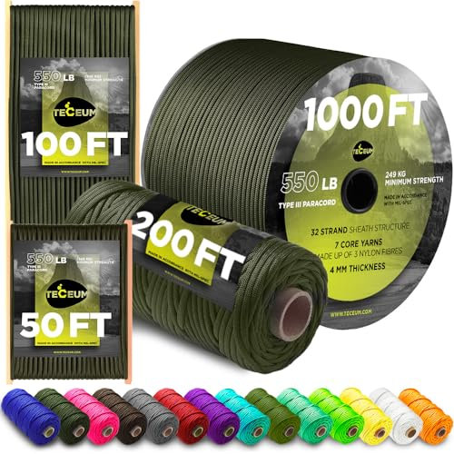 TECEUM Paracord Type III 550 Army Green – 305 m – 4mm – Tactical Rope MIL-SPEC – Outdoor Para Cord – Camping Hiking Fishing Gear and Equipment – EDC Parachute Cord – Strong Survival Rope (1000 ft) 010