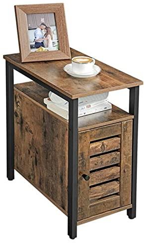 Industrial Rustic Wood/Steel Narrow End Sofa Side Table Shelf With Shutter Door Storage Bedside Nightstand, End Table with Storage, Table for Home Bedroom Living Room Rustic Brown Shutter Door