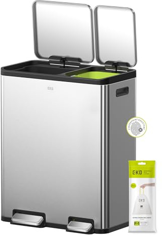EKO Kitchen Bin, 2 Compartment Recycling Bin, Stainless Steel, 30L+20L | Recycling Compartments, Removable Buckets, Soft-Close Lids, Pedal & Fingerprint-Resistant for Waste & Recycling, Home Kitchen