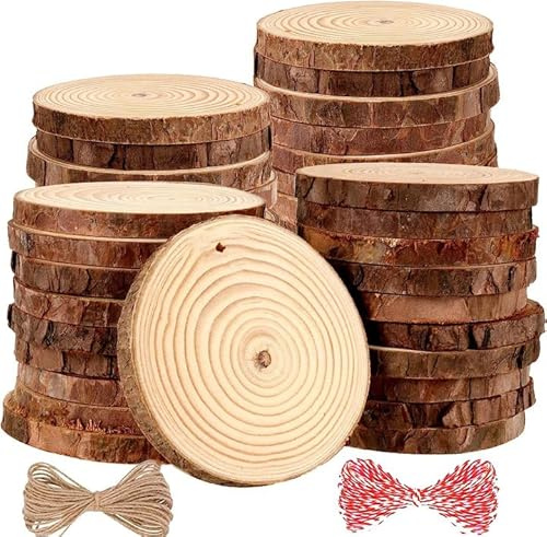 ZEONHAK 40 rebanadas de madera natural de 9 a 10 cm con agujeros perforados, círculos redondos de madera sin terminar con cuerda para colgar, adornos de Navidad, arte
