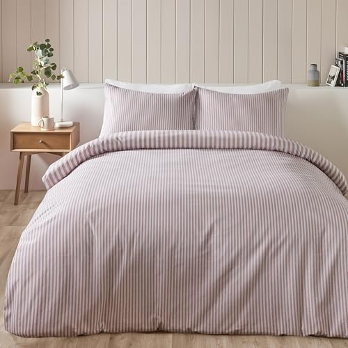 Catherine Lansfield Brushed Cotton Stripe Reversible Double Duvet Cover Set with Pillowcases Blush Pink