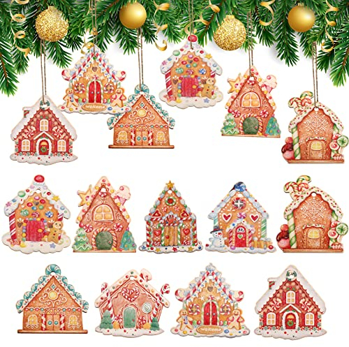 Weihnachten Lebkuchenhaus Ornament Lebkuchenhaus Dekorationen für Weihnachten Holz hängende Weihnachtsschmuck Baumschmuck Xmas bemaltes Holz Haus Anhänger für Urlaub Weihnachtsbaum Dekor