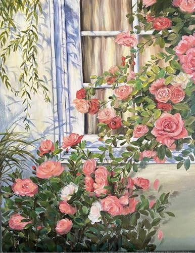 SULISO Peinture par Numéro Fleur Adulte avec Pinceaux et Acryliques Bricolage Peintures Kits pour Adultes Enfants Seniors Débutant,Sans Cadre 40x50cm Rose Devant la Fenêtre