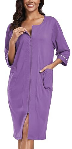 COLORFULLEAF Damen Bademantel mit Reißverschluss Leicht Morgenmantel 100% Baumwolle Hausmantel 3/4 Ärmel Nachthemd mit Taschen(Violett,2XL)