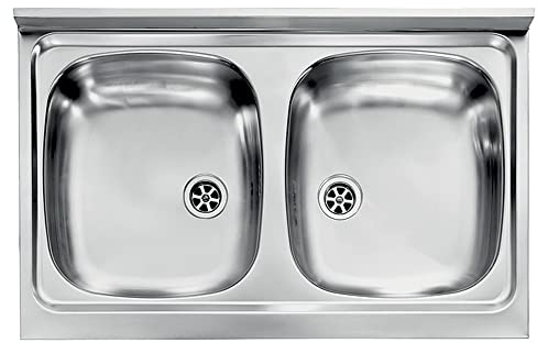 Yellowshop - Lavello appoggio inox piano 2 vasche cm 80x50 con sifone e piletta Mondial