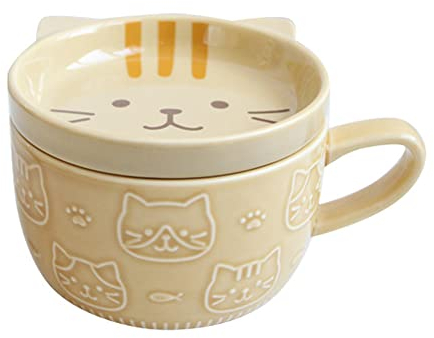 Geieold Tasses à Café en CéRamique CréAtives avec Couvercle Chat Mignon Tasse en Porcelaine DéJeuner Familial Lait Jus Tasse Boisson (Jaune)