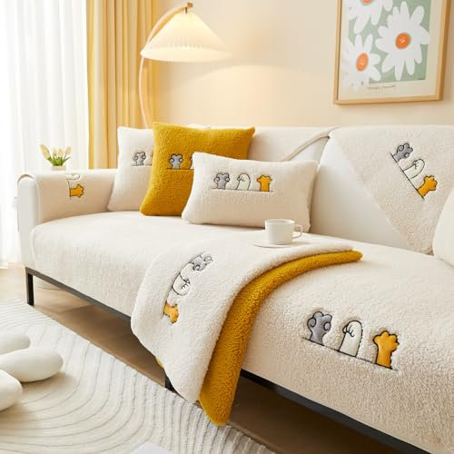 TOPCHANCES Sofabezug Lammfell 1 2 3 4 Sitzer,L Form Sofaüberwurfe Ecksofa Sofa Überzug,Anti-Rutsch Sofaüberwürfe Für Hunde Wohnzimmer Sofaschoner(Weiß,90×160cm 1PCS