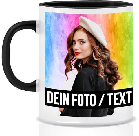 Fototasse selbst gestalten, Keramik - Personalisierte Tasse mit Foto und Text Motivtasse Geschenktasse Firmentasse, Schwarz
