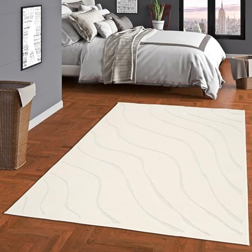 Pergamon Flachgewebe Teppich Sevilla Wellen Creme | Pflegeleicht für Wohnzimmer, Schlafzimmer, Esszimmer und Flur | Modern und Flauschig