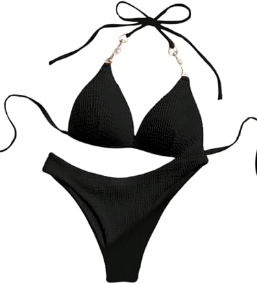 GORGLITTER Damen Push Up Bikini Set Neckholder Triangle-Bikini Badeanzug Zweiteile Bademode Swimmwear Set Schwarz L