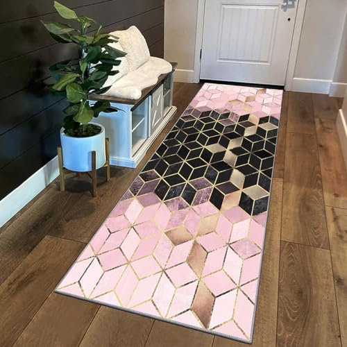 Siunwdiy Tapis de Cuisine Devant Evier Or Noir Rose,Tapis de Couloir Passage Antidérapant Tapis de Porte d'Entrée Interieur Motifs Géométrie Tapis de Sol pour Cuisine, Salle à Manger,100x360cm
