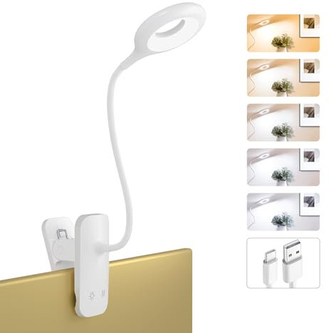 HECDSTLY Clip on Reading Light for Bed Headboard - Rechargeable Large Clamp Lamp With 5 Colors, 5 Brightness, Flexible Arm for Kids, Desk, Bunk, Metal Bed Frame (White)