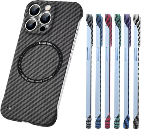 GodbTG Carbon Fiber Texture Frameless for Magnetic Charging for iPhone 16/15/14/13/12/11 Pro Pro Max Case (14 Pro,Schwarz)