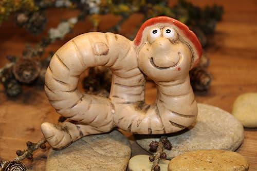 Dekowurm groß aus Keramik, mit Hut, 11 x 8 cm, Dekofigur Wurm