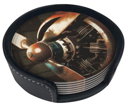 Getränkeuntersetzer für Getränke, Tischschutz, Vintage-Flugzeug, Propeller, Leder-Untersetzer mit Halter, saugfähiger Tassen-Untersetzer für Couchtisch, Heimdekoration, 10,2 cm, 6 Stück