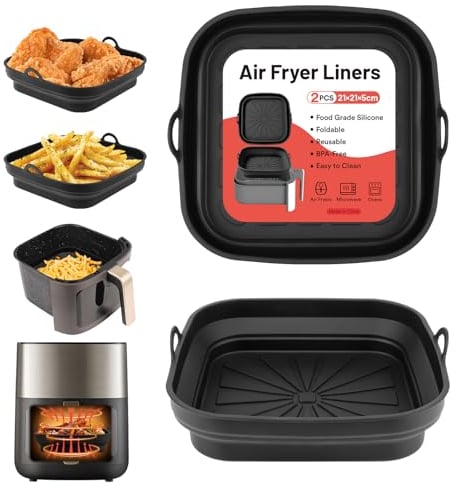 Alyvisun Moldes Silicona Freidora de Aire, 2 Piezas Bandeja Accesorios para Freidora sin Aceite Reutilizable Recipientes Cuadrado Cesta Utensilios para Air Fryer, Microondas, Horno (Negro)