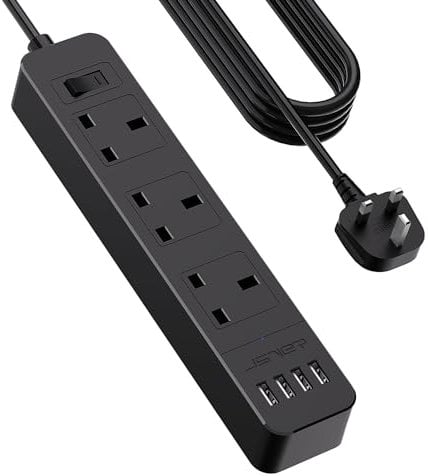 JSVER Extension Lead with USB Slots, 5M Power Strip 3250W 13A with 3Way and 4 USB Smart Charging Ports Desk Power Socket with Switch for Home Travel-Black