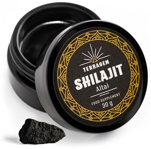 TERRAGEM Shilajit Altai Mumijo 30g – Natürliches Harz aus dem Altai – 100% ohne Zusätze – Fulvinsäure & Mineralien – Nahrungsergänzungsmittel – Vegan – Adaptogen – Energie - Glasdose