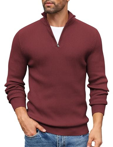 COOFANDY Jersey Hombre Invierno 1/4 Zip Cuello Alto Caliente Suéter Manga Larga Suéteres de Punto Cremallera Pullover Ajustado de Cuello Alto Burdeos L