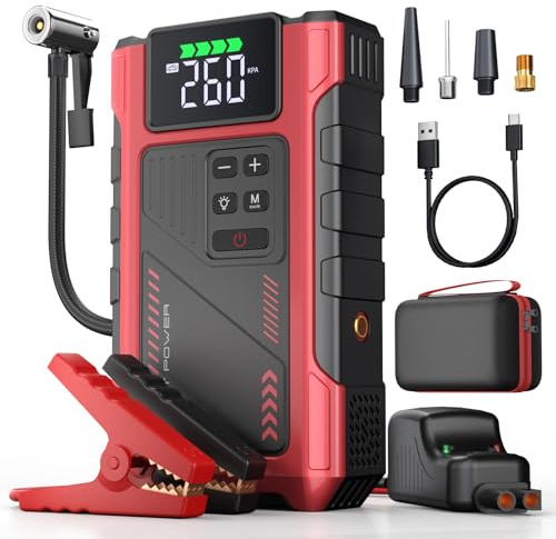 Pabulum Starthilfe mit Luftkomperssor, 2500 A, tragbare Starthilfe, 12 V Autobatterie-Booster mit 150 PSI Reifenfüller für 7,0 l Gas/5,5 l Dieselmotoren, Auto-Notfall-Kits