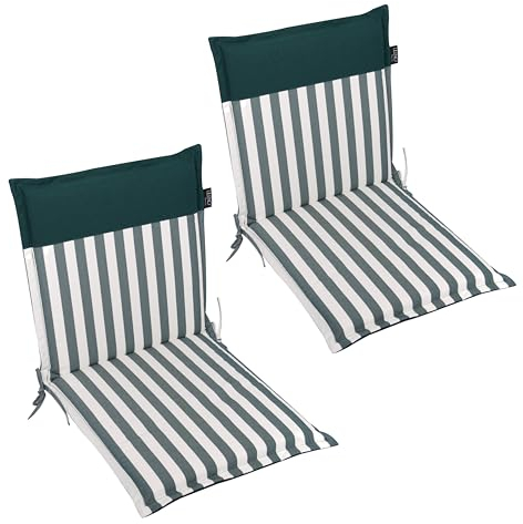 LILENO HOME Gartenstuhl Auflagen als [2er Set - Niedriglehner] in Streifen Dunkelgrün - Uni Dunkelgrün - Bequeme Liegen als Sitzauflagen für Gartenmöbel - Stuhlkissen für Gartenstühle Malt