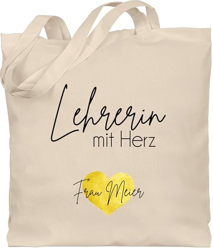 Baumwolltasche - Abschiedsgeschenk Lehrerin mit Herz mit Name | Abschied Lehrerinnen Geschenk Dankeschön Lehrerinnen - Unisize - Naturweiß - für zum abschluss lehrer jutebeutel teacher beutel